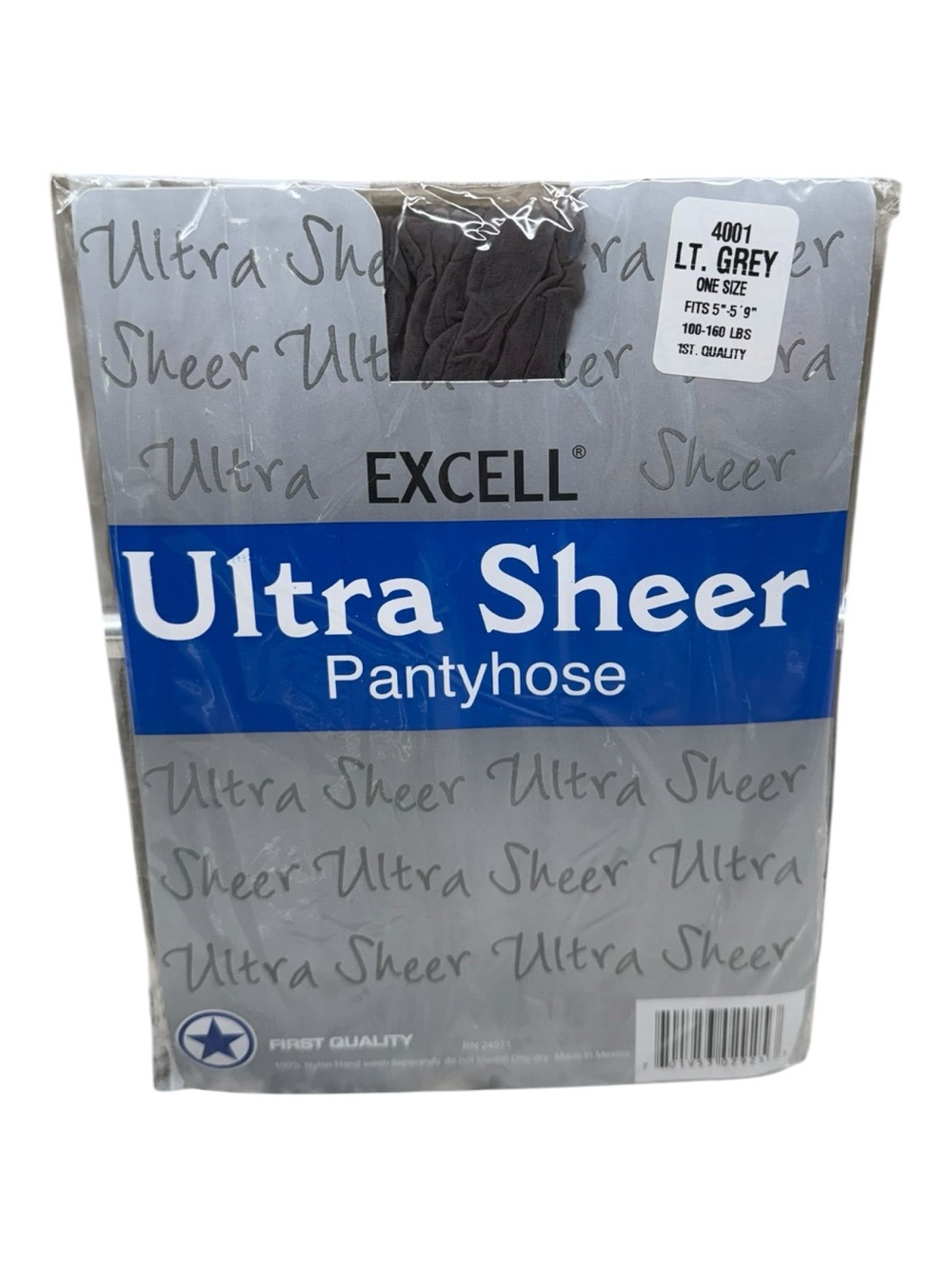 Excell Ultra Sheer Pantyhose 100% Nylon First Quality One Size Lt Grey 100-160